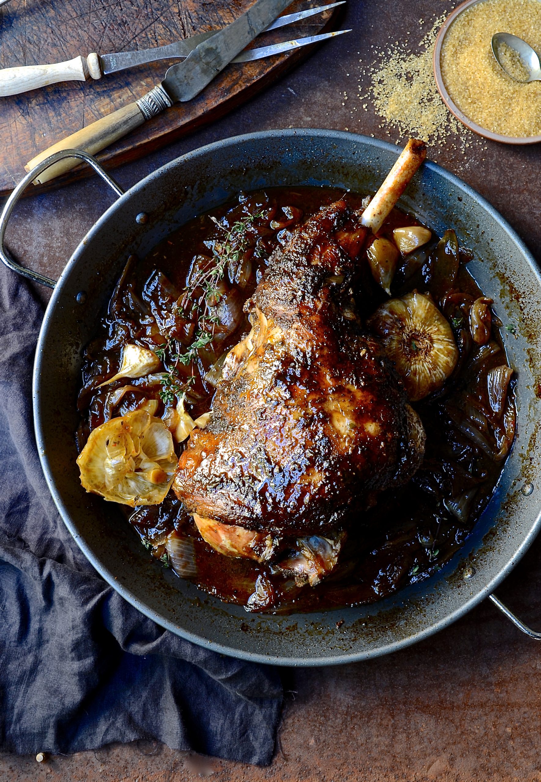 Roast leg of lamb with sweet onion marmalade