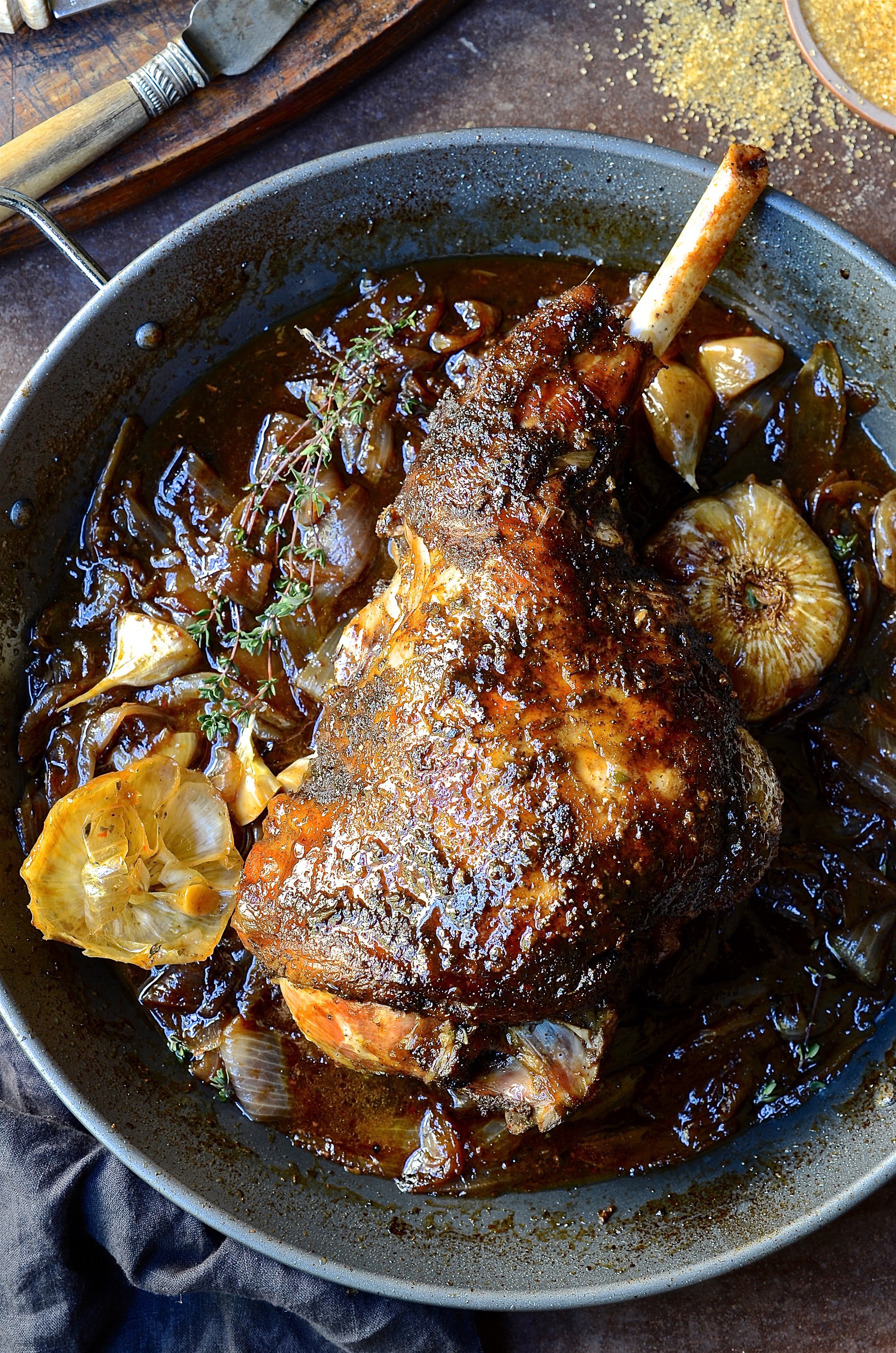 Roast leg of lamb with sweet onion marmalade