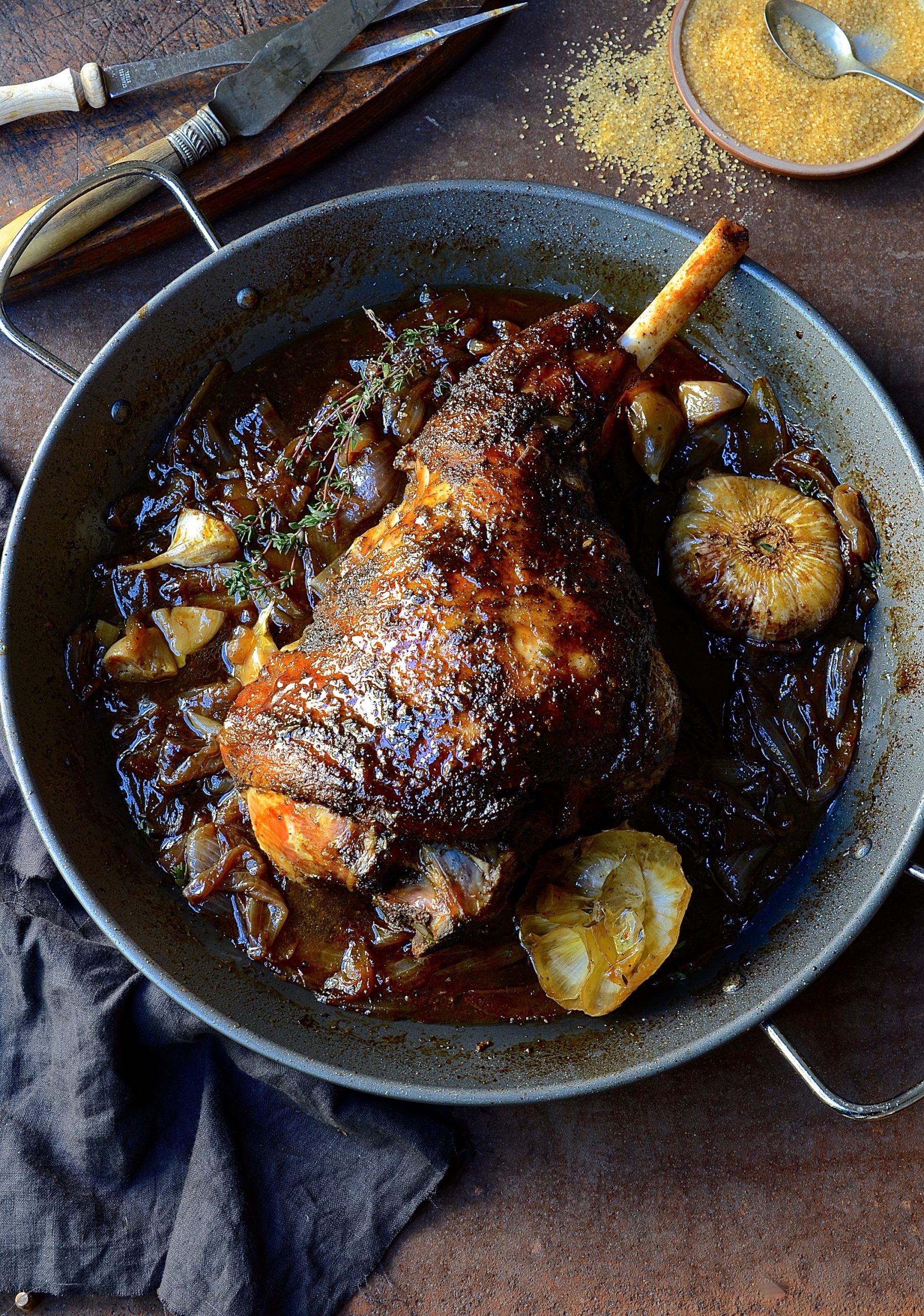 Roast leg of lamb with sweet onion marmalade