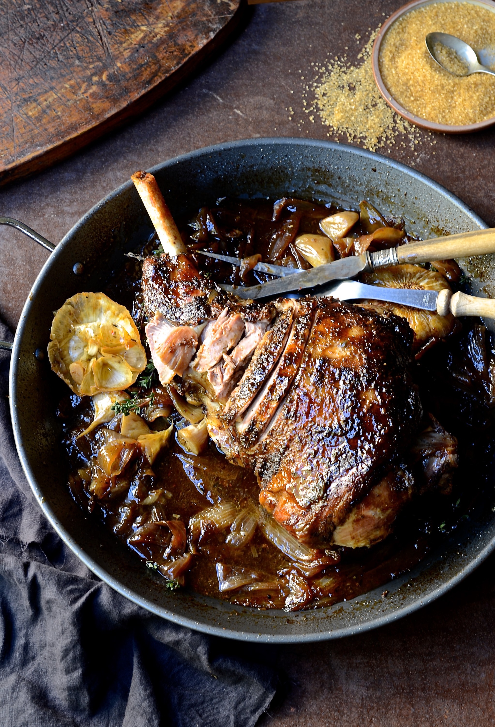 Roast leg of lamb with sweet onion marmalade