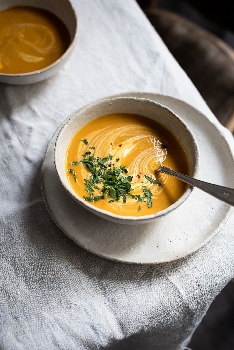 Roast butternut soup with chickpeas and leeks