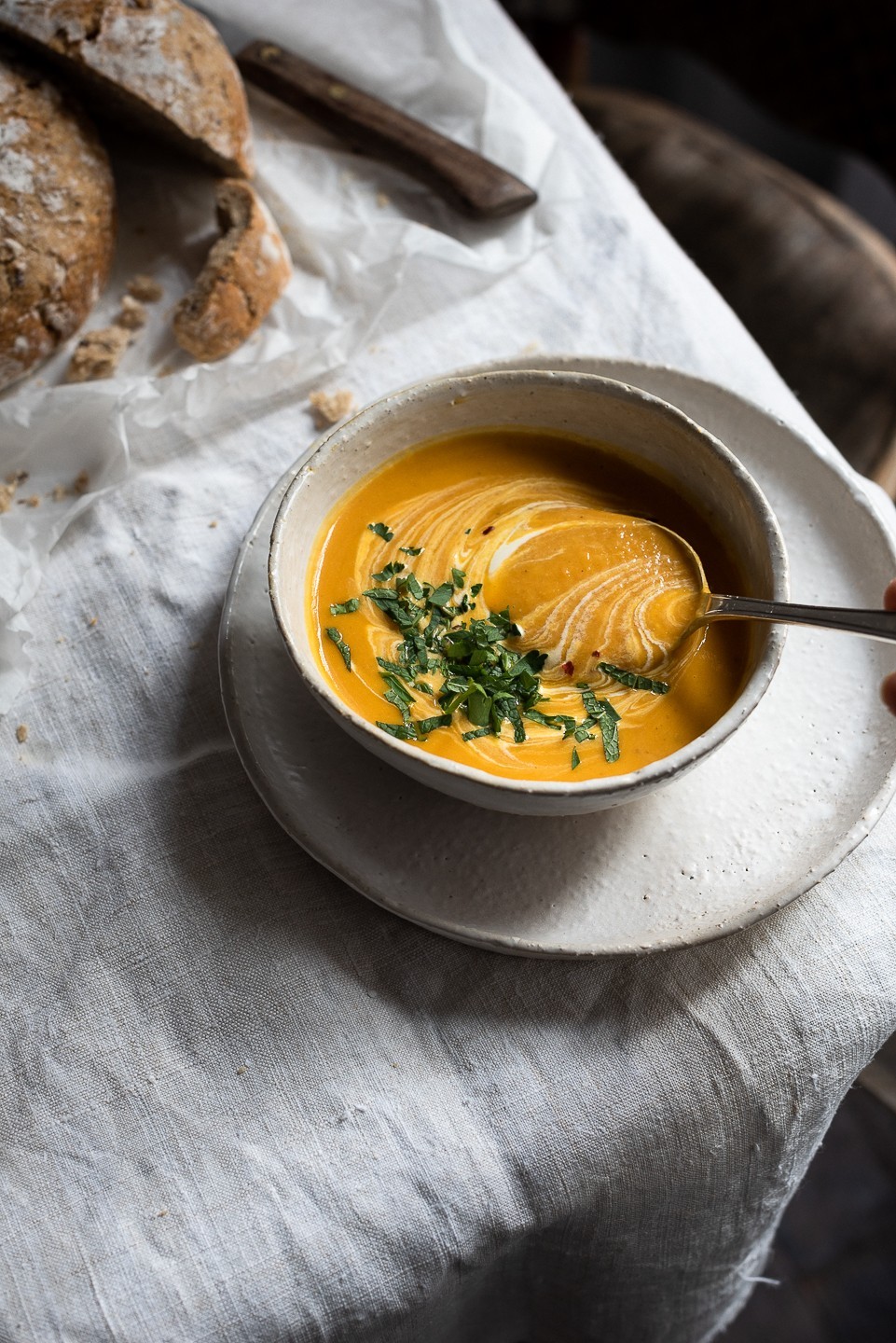 Roast butternut soup with chickpeas and leeks