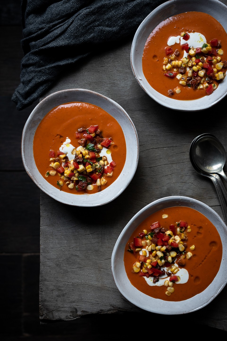 Roast sweet pepper soup with corn salsa