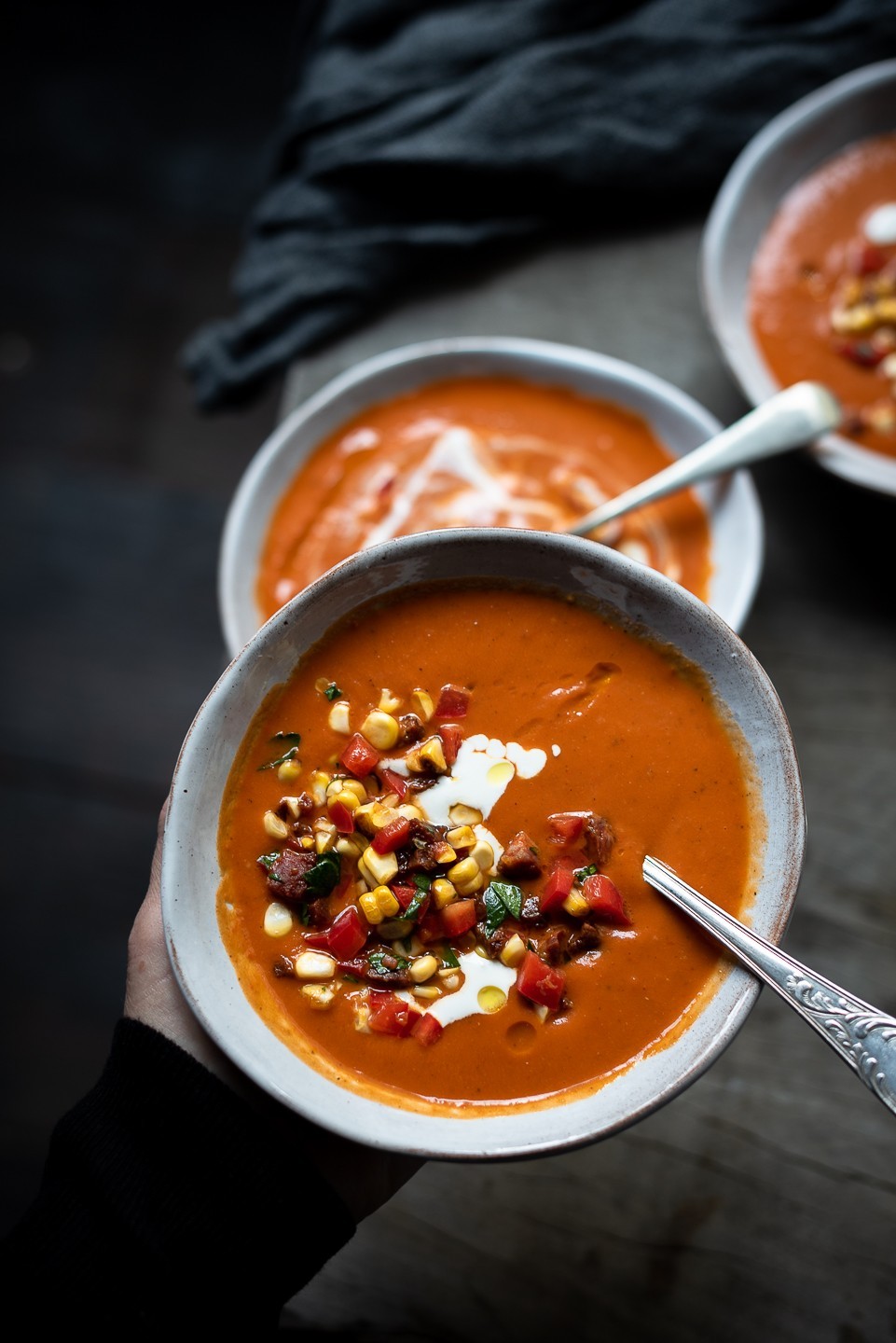 Roast sweet pepper soup with corn salsa