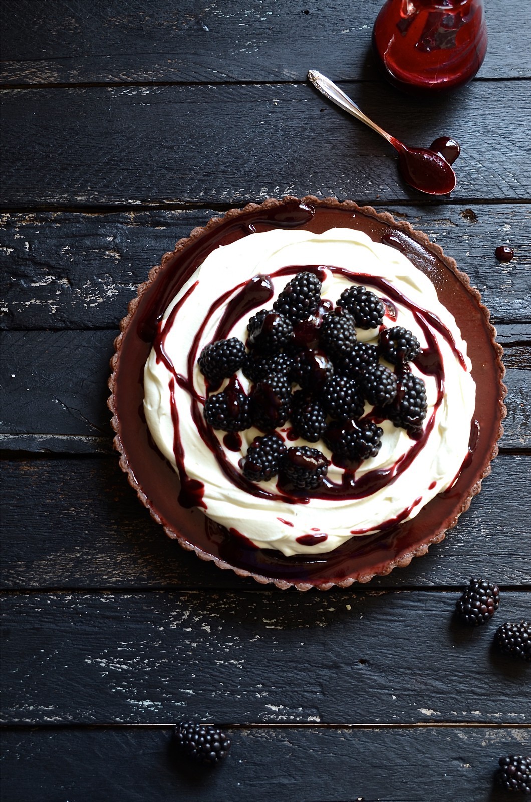 Baked blackberry chocolate fondant tart