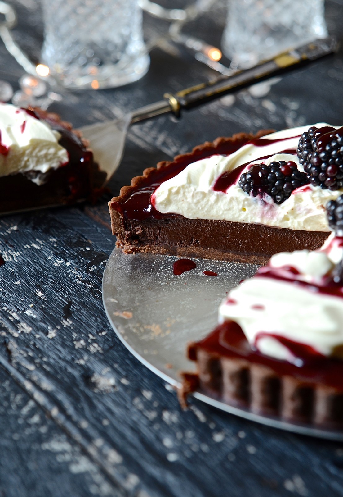 Baked blackberry chocolate fondant tart