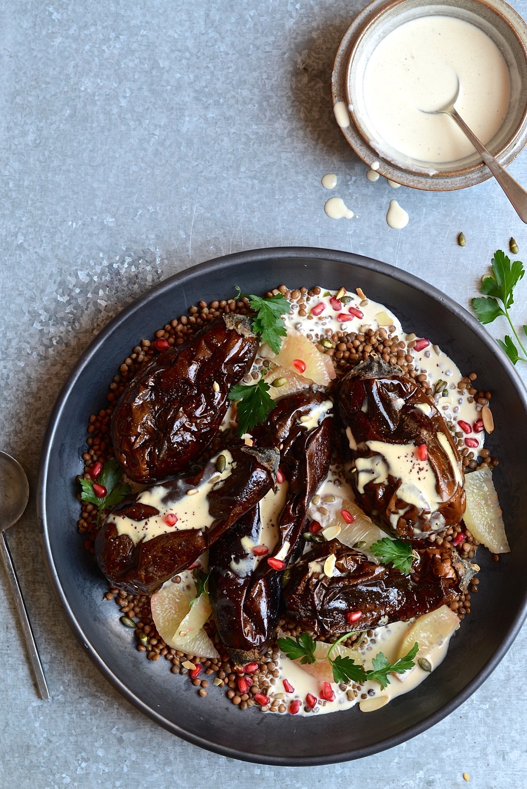 Roasted aubergine with pomelo