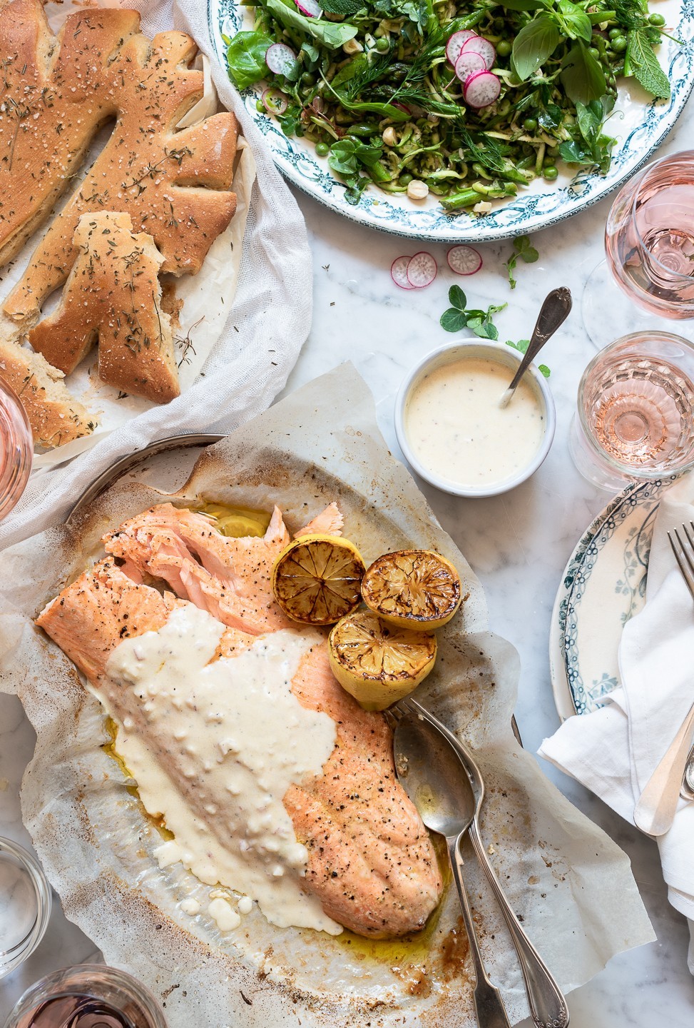 Roast salmon with Rosé and shallot yoghurt