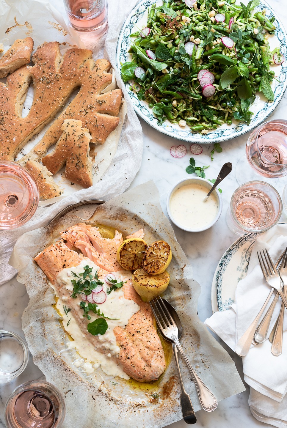 Roast salmon with Rosé and shallot yoghurt