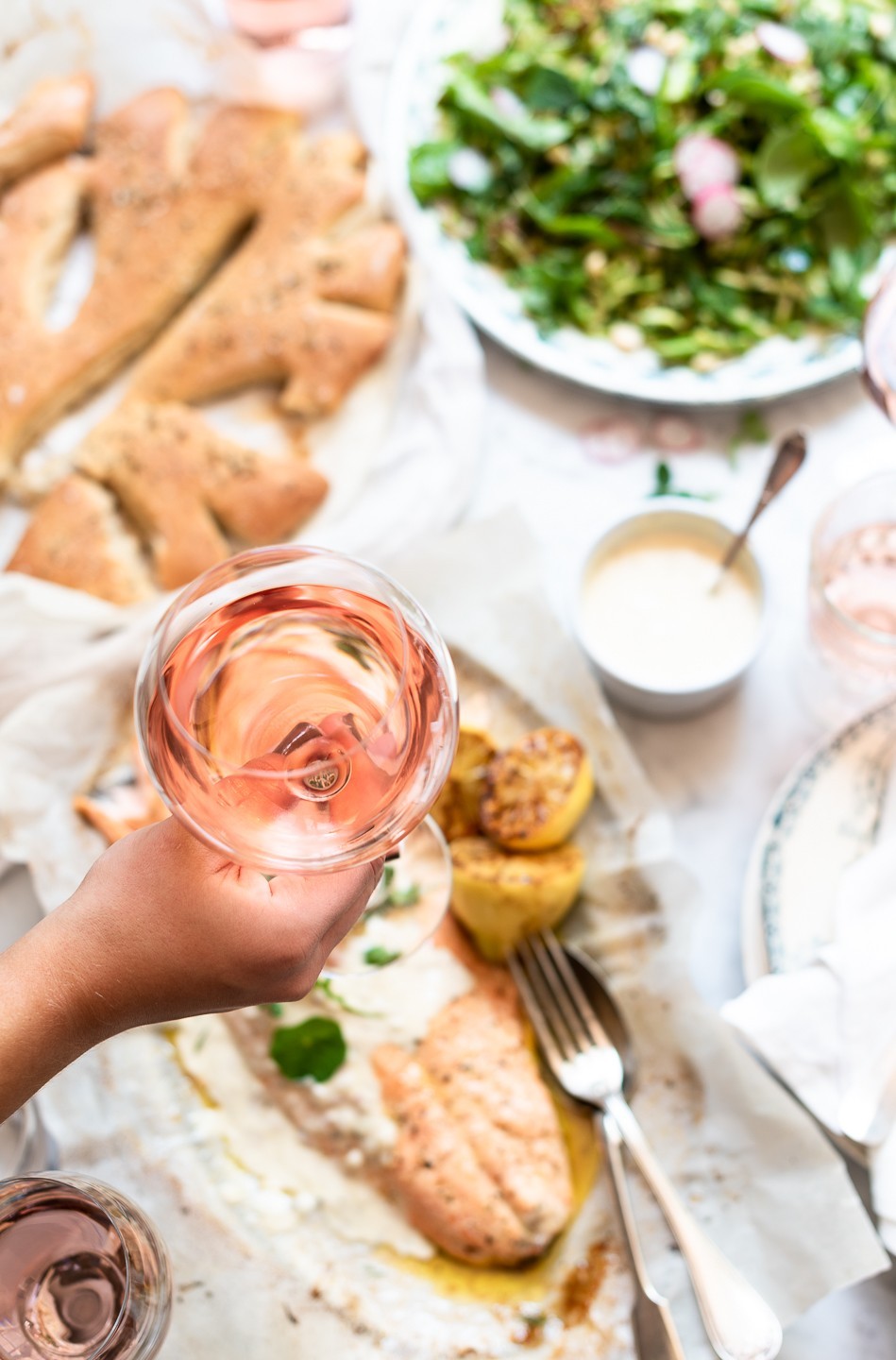 Roast salmon with Rosé and shallot yoghurt