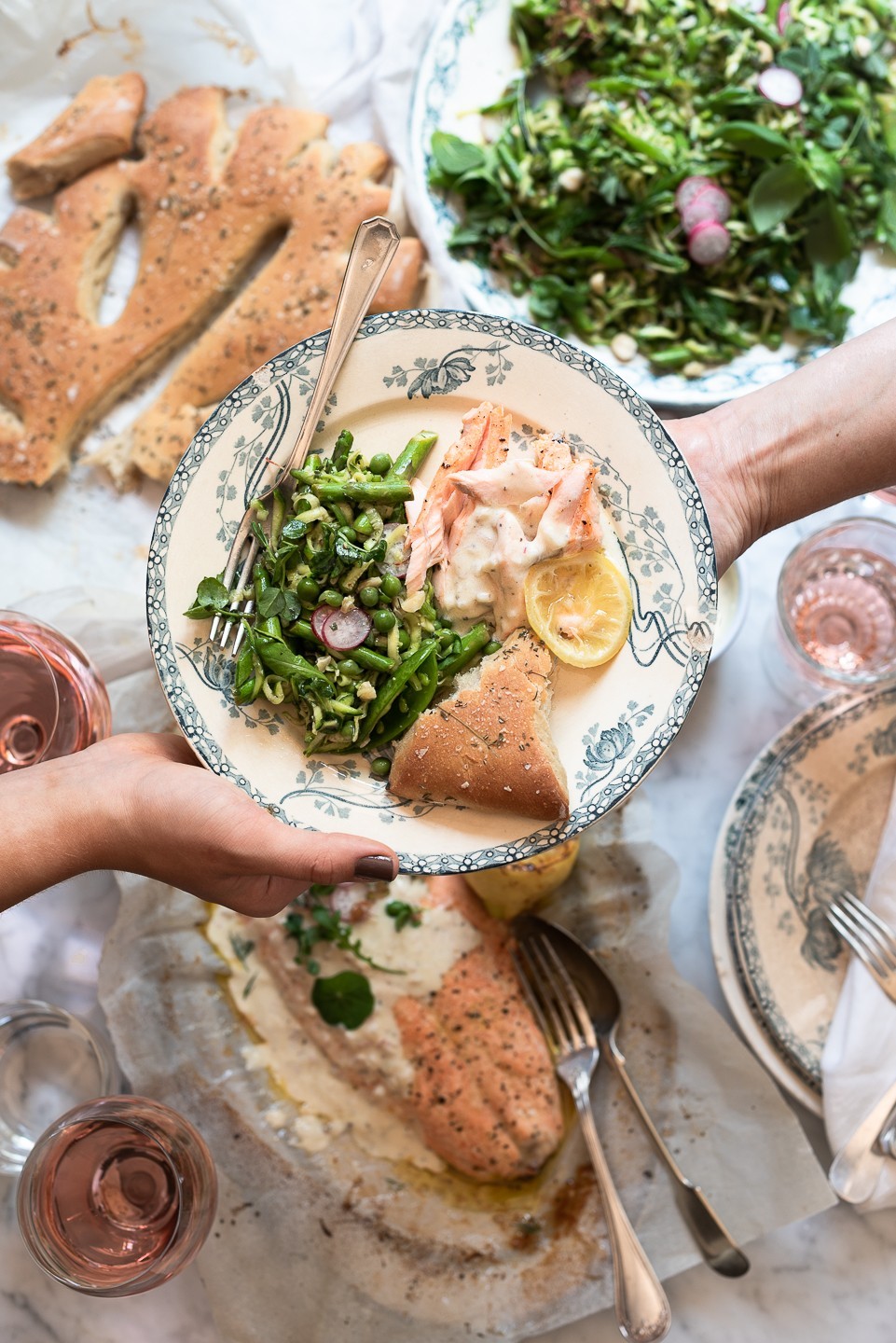 Roast salmon with Rosé and shallot yoghurt