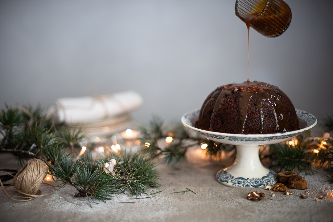 Mandrin Christmas pud with rum caramel