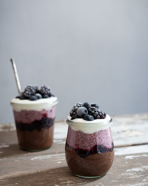 Chocolate and blackberry chia pots