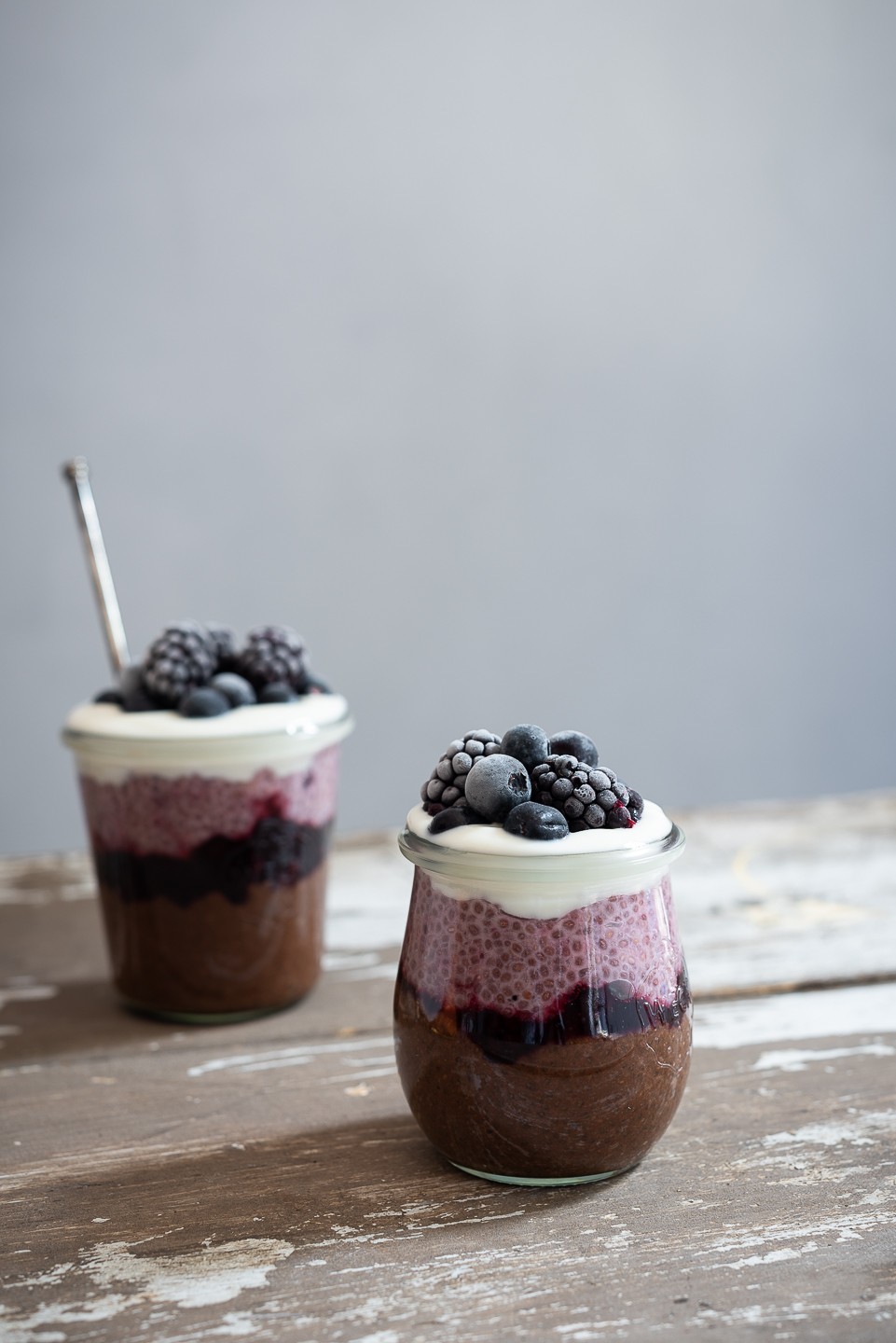 Chocolate and blackberry chia pots