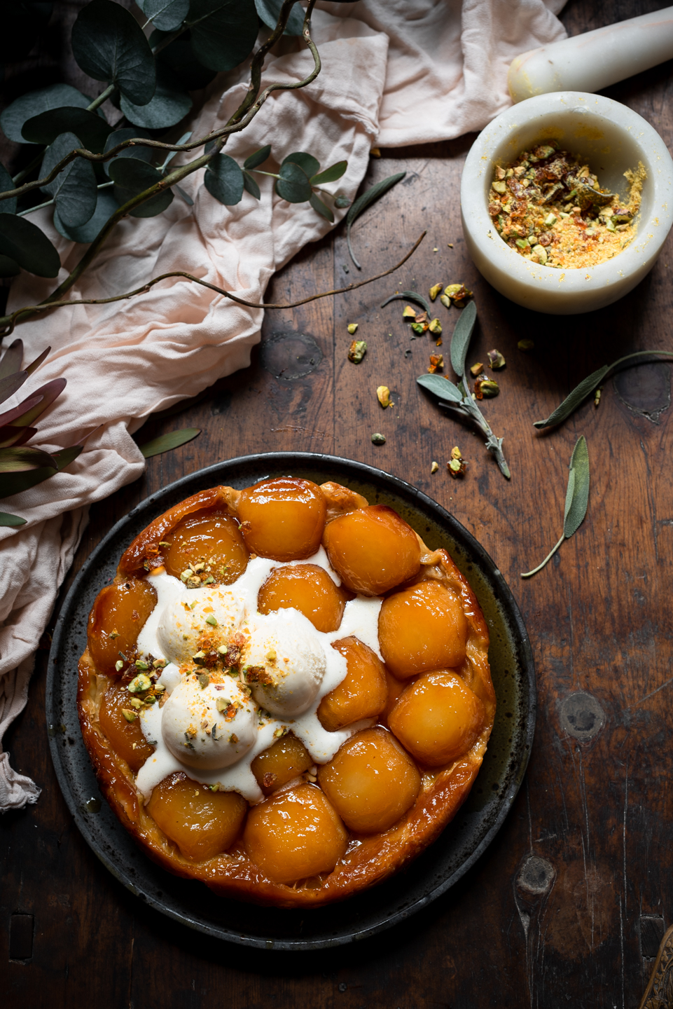 Tarte Tatin with Pistachio and Sage Praline