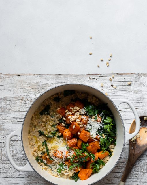 Barley risotto with kale and butternut