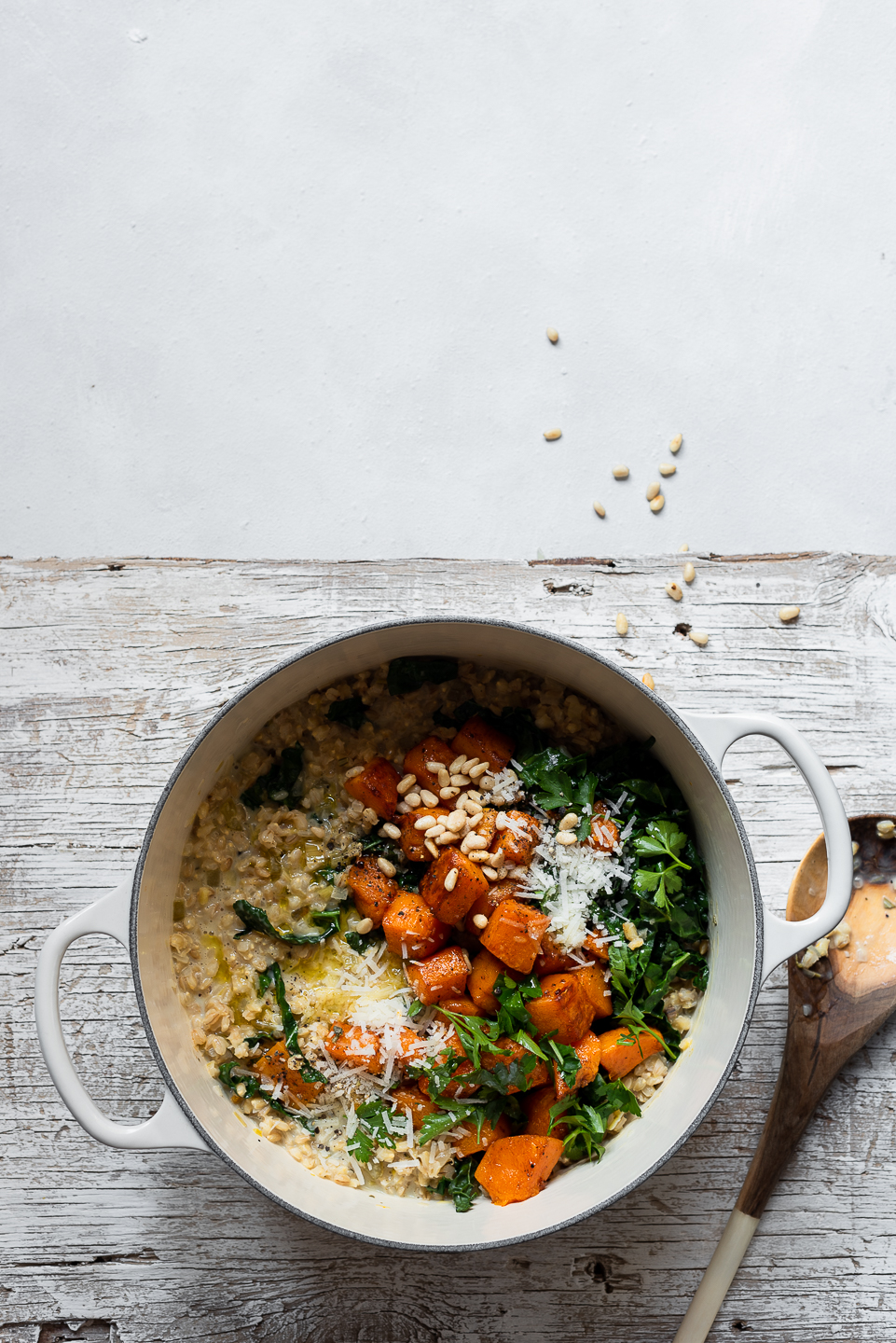 Barley risotto with kale and butternut