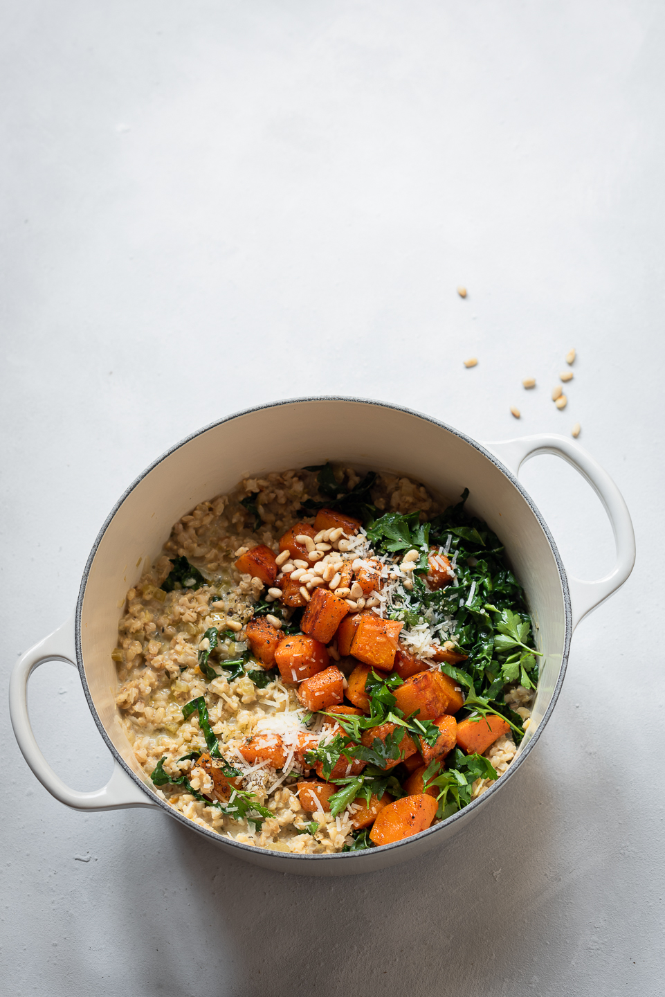 Barley risotto with kale and butternut