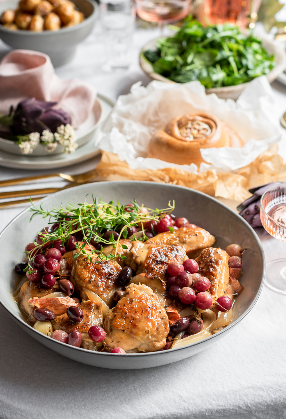 Sticky chicken with roasted grapes