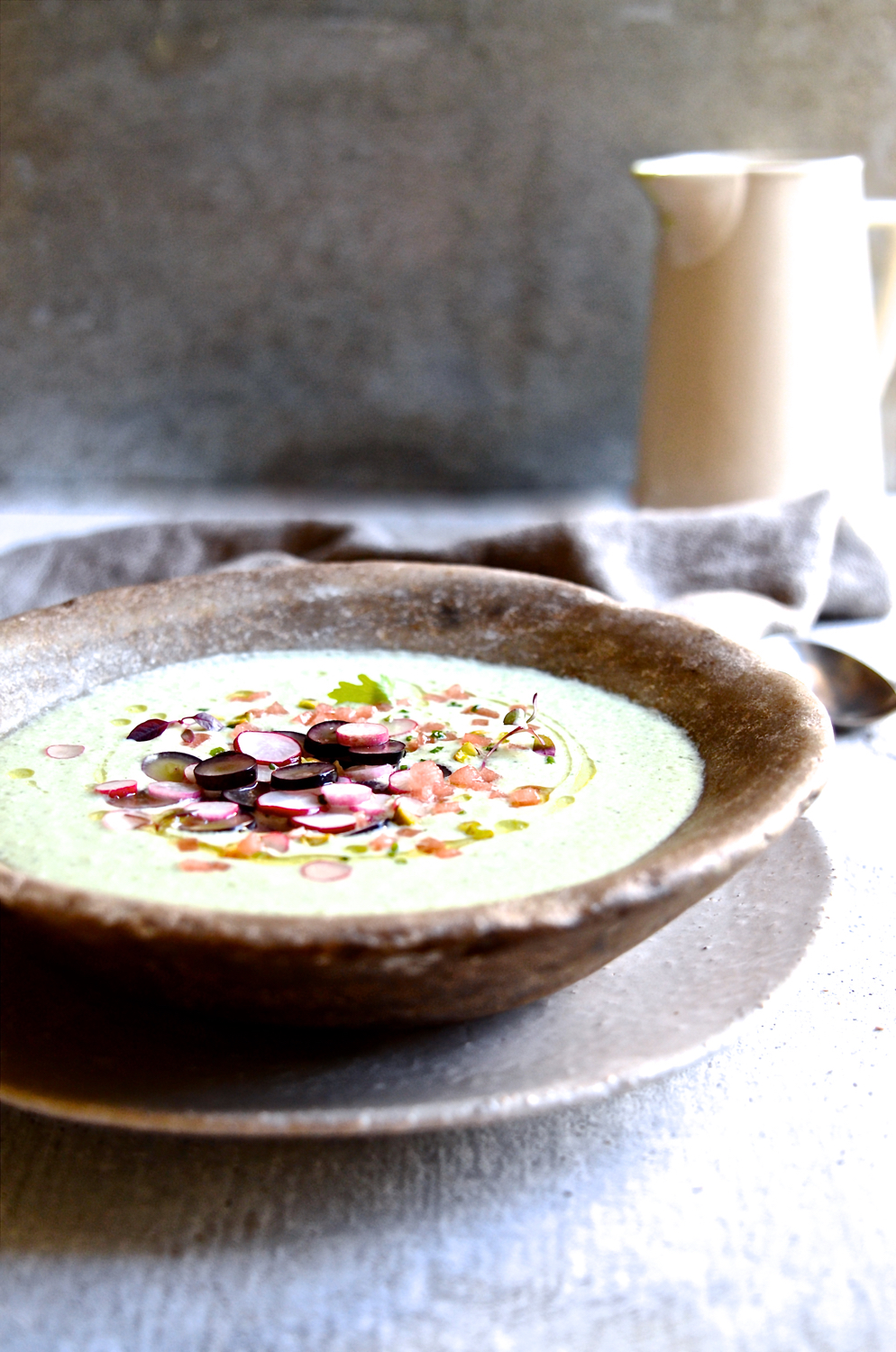 Chilled cucumber soup with grape salsa