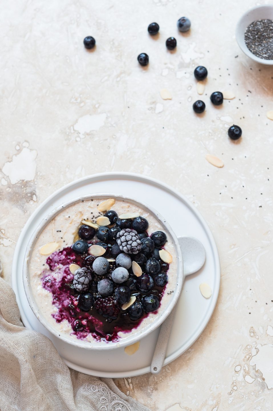 Creamy coconut Bircher muesli with blueberry compote