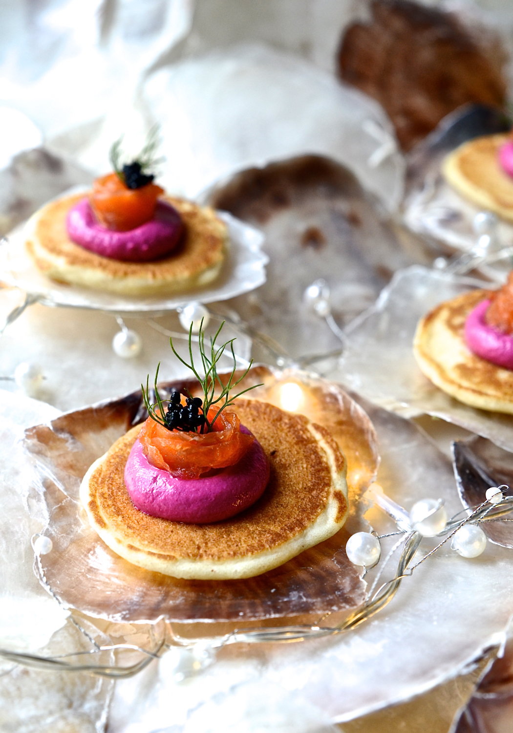Salmon Blinis with beetroot mousse