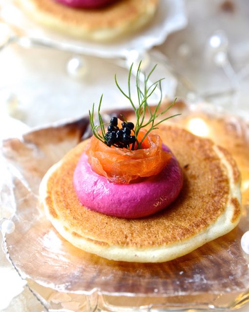 Salmon Blinis with beetroot mousse