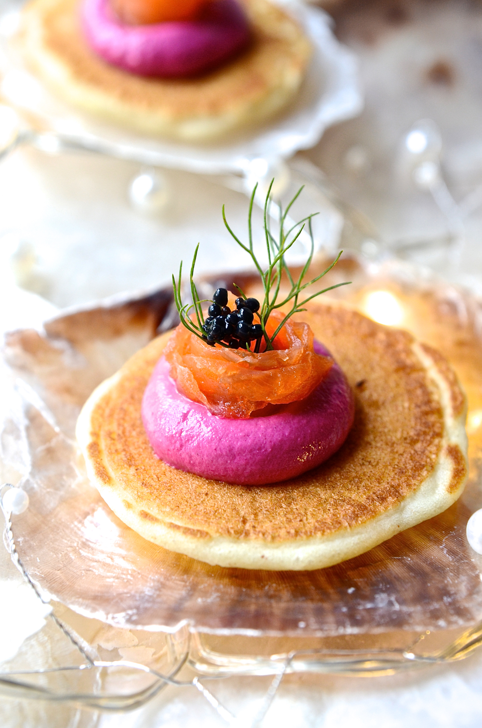 Salmon Blinis with beetroot mousse