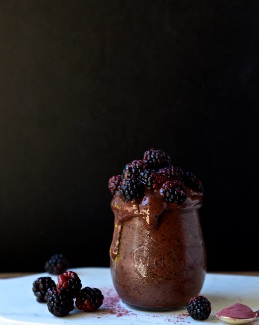 Chocolate and blueberry smoothie pots