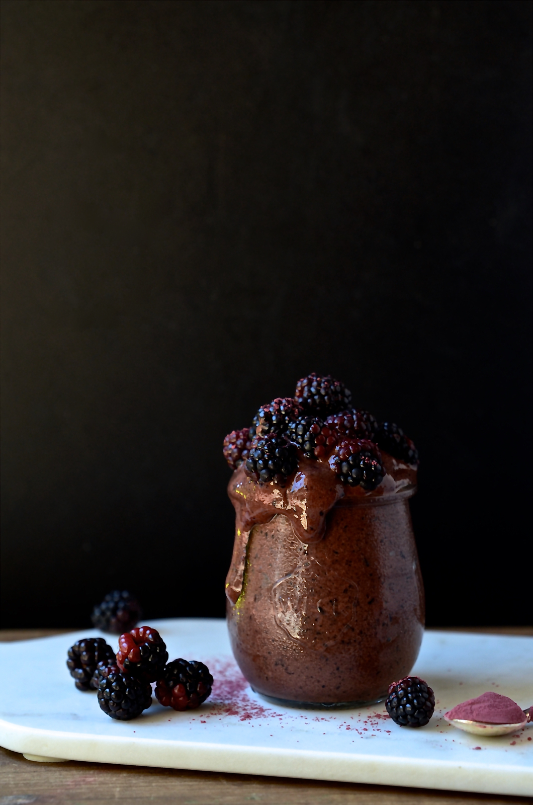 Chocolate and blueberry smoothie pots