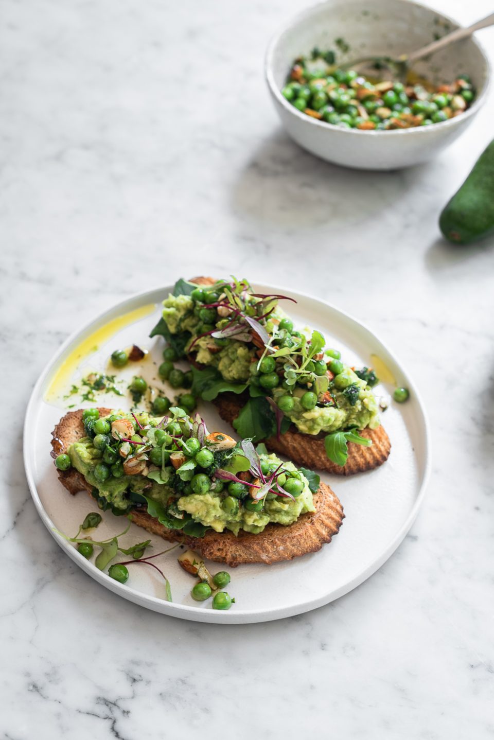Avocado Toast with minted pea and almond salsa
