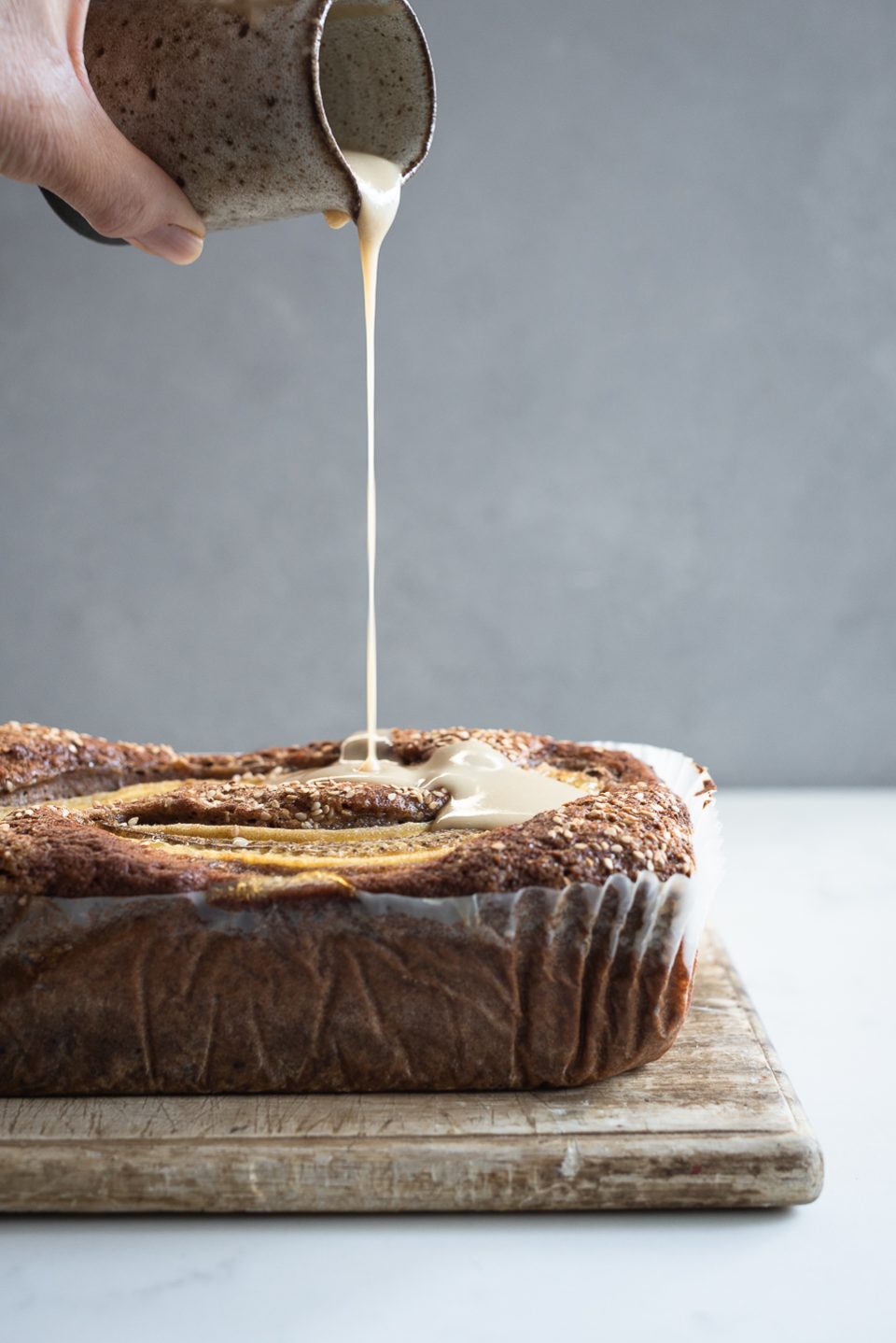 Brown butter and rye banana bread with tahini honey