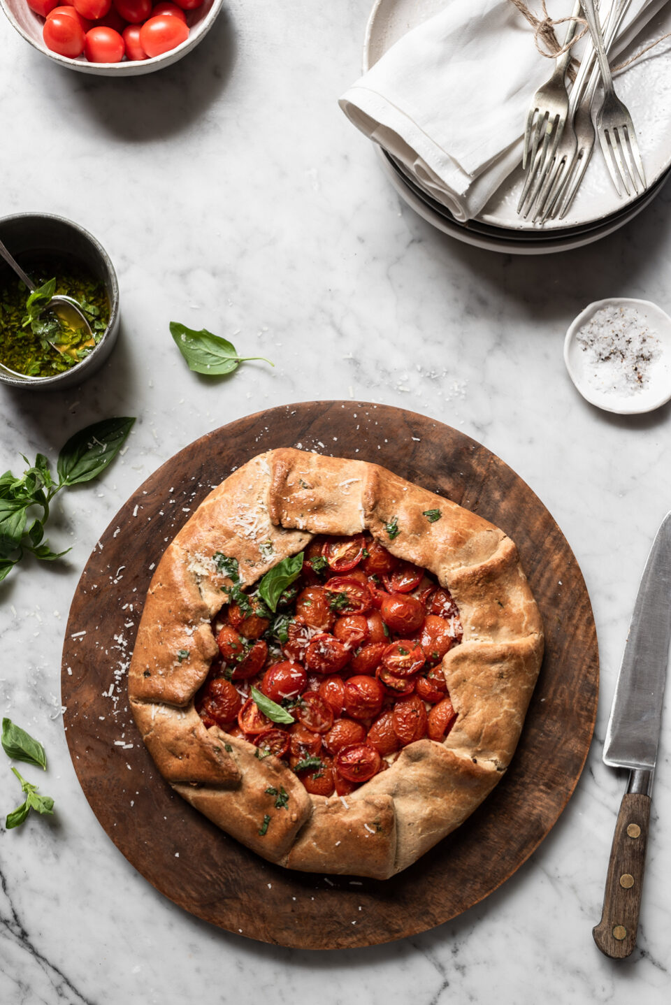 Tomato Galette with basil oil