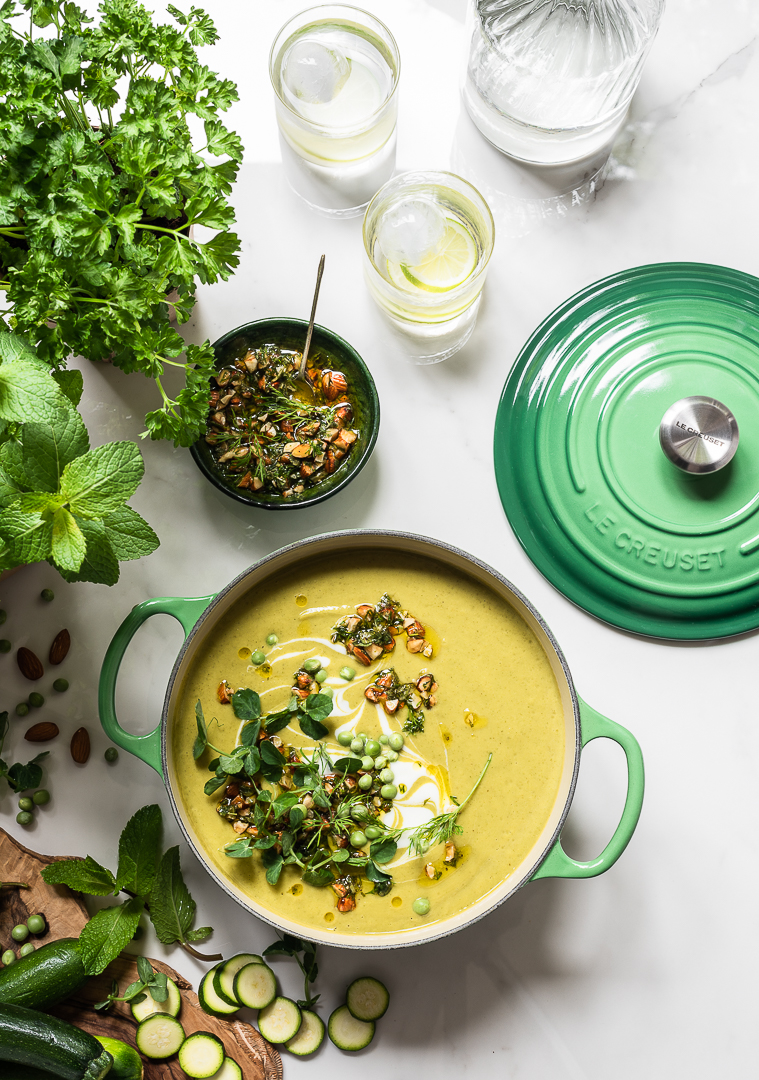 Pea & Zucchini Soup with Minted Almond Salsa