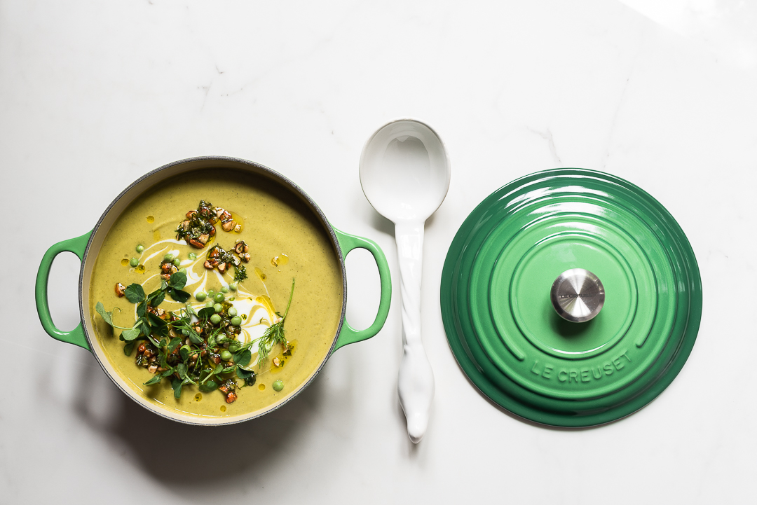 Pea & Zucchini Soup with Minted Almond Salsa