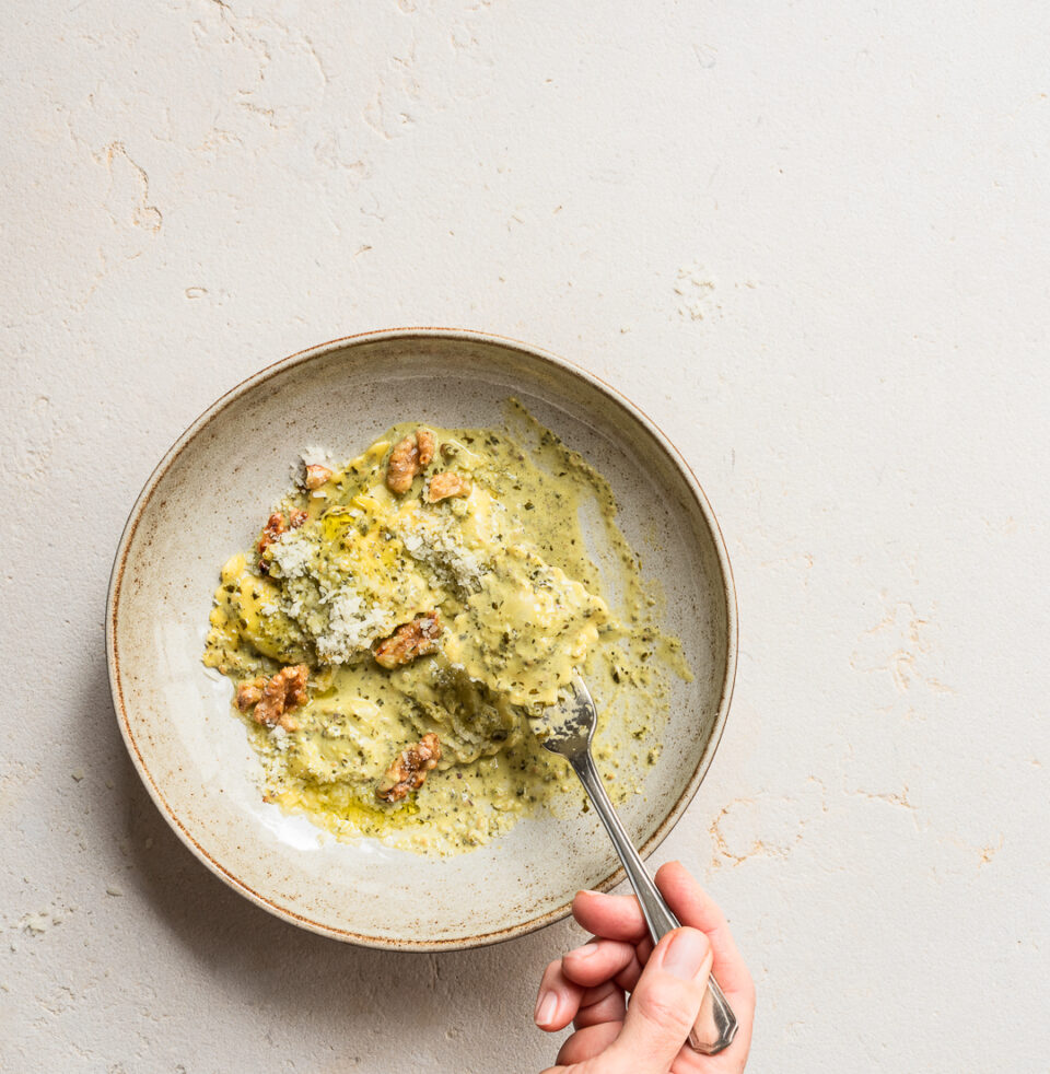 Spinach and Ricotta Ravioli with black truffle pesto