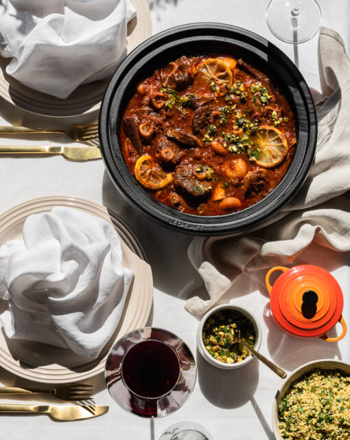 Harissa Lamb Tagine with Apricots & Lemony Pistachio Salsa