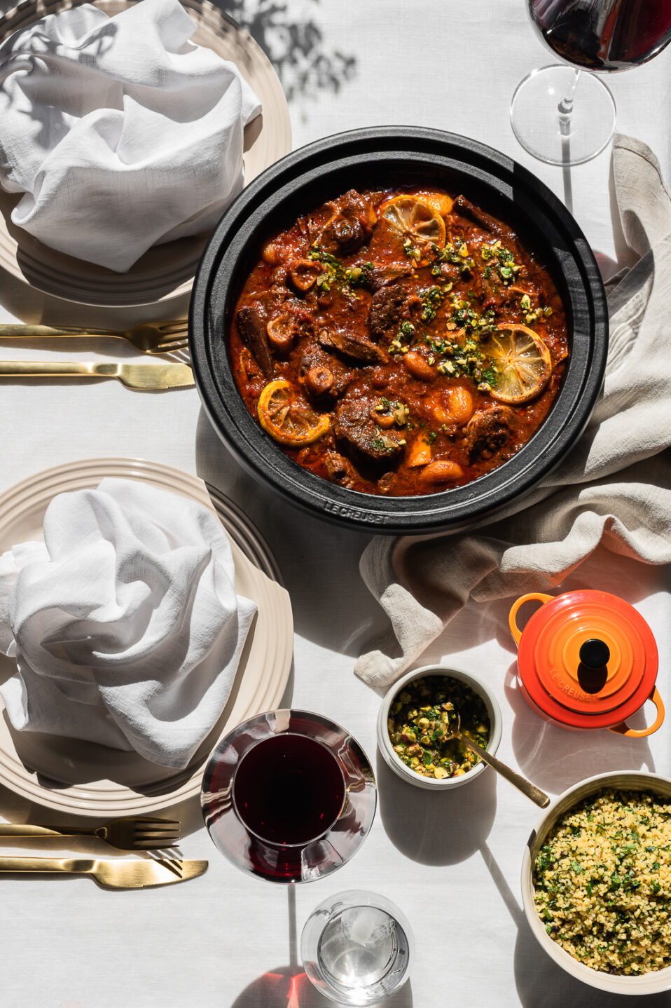 Harissa Lamb Tagine with Apricots & Lemony Pistachio Salsa