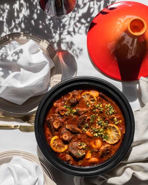 Harissa Lamb Tagine with Apricots & Lemony Pistachio Salsa