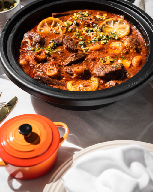 Harissa Lamb Tagine with Apricots & Lemony Pistachio Salsa
